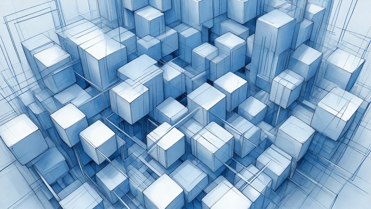 The primary subject of the image is a large, intricate, and detailed design made up of many small, interconnected cubes. The setting is a blue background, which contrasts with the white cubes. The visual style is a combination of digital art and illustration, creating a unique and captivating pattern. The colors and mood of the image are predominantly blue and white, giving it a clean, modern, and sophisticated appearance.