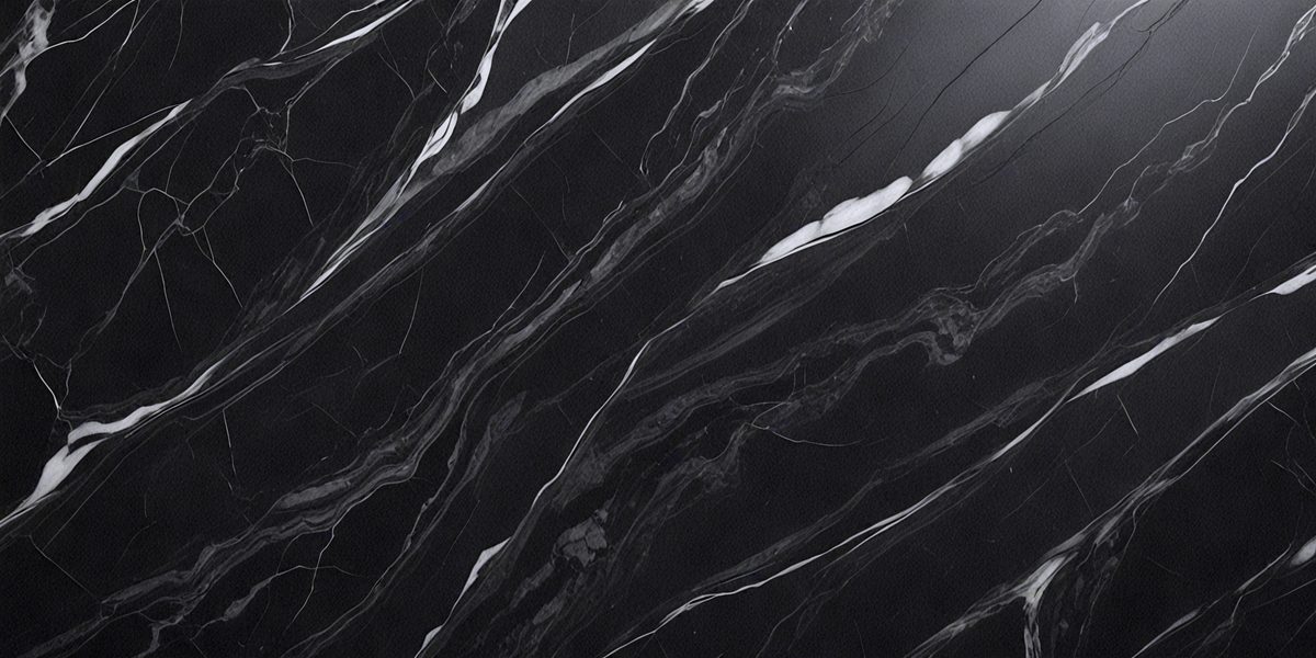 The primary subject of the image is a marble countertop with a black and white pattern. The setting is a kitchen, and the visual style is a close-up of the marble countertop. The colors and mood of the image are predominantly black and white, giving it a classic and elegant appearance.
