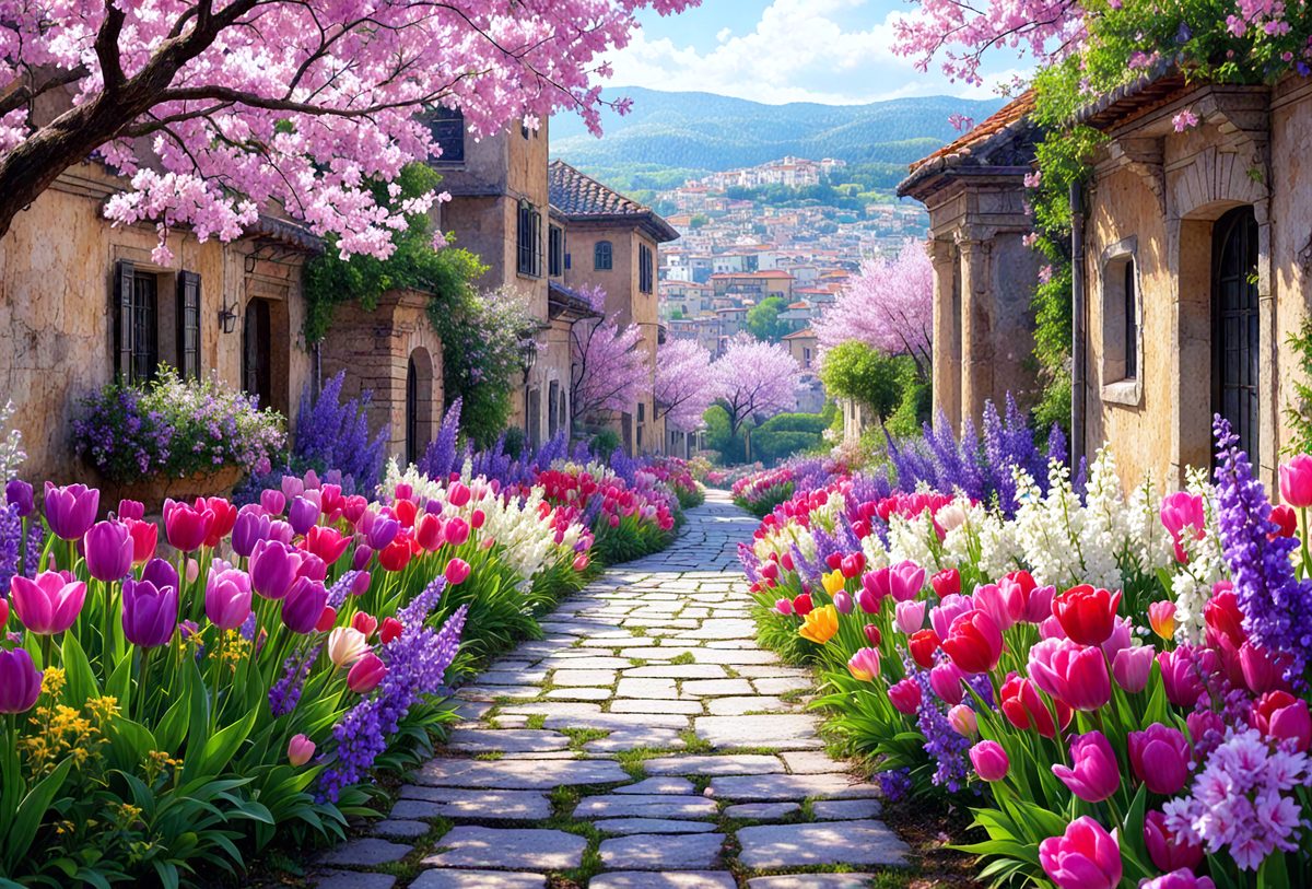 The primary subject of the image is a narrow alleyway lined with purple flowers, specifically tulips. The setting is a small town with a cobblestone road, and the visual style is a photo. The dominant colors are purple and pink, creating a serene and peaceful atmosphere.