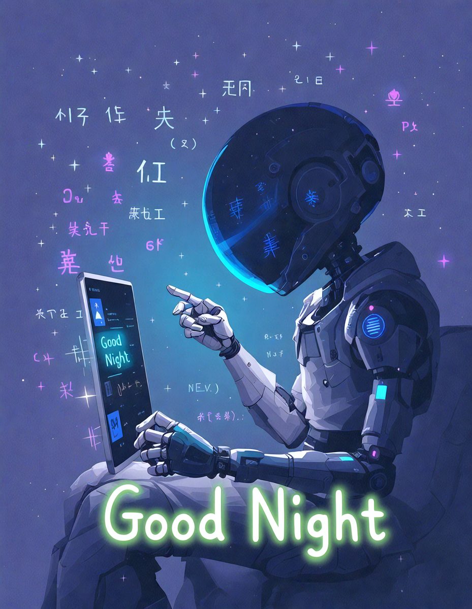 The primary subject of the image is a robot sitting on a chair, holding a tablet computer. The robot is wearing a helmet and appears to be looking at the screen of the tablet. The setting is a dark room, and the visual style is digital art. The colors and mood of the image are predominantly blue and purple, giving it a calm and serene atmosphere.