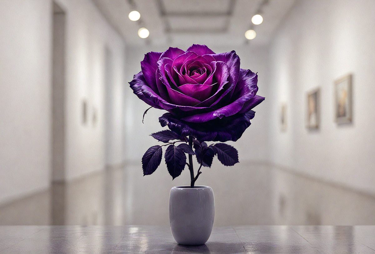 Purple rose in a white vase.