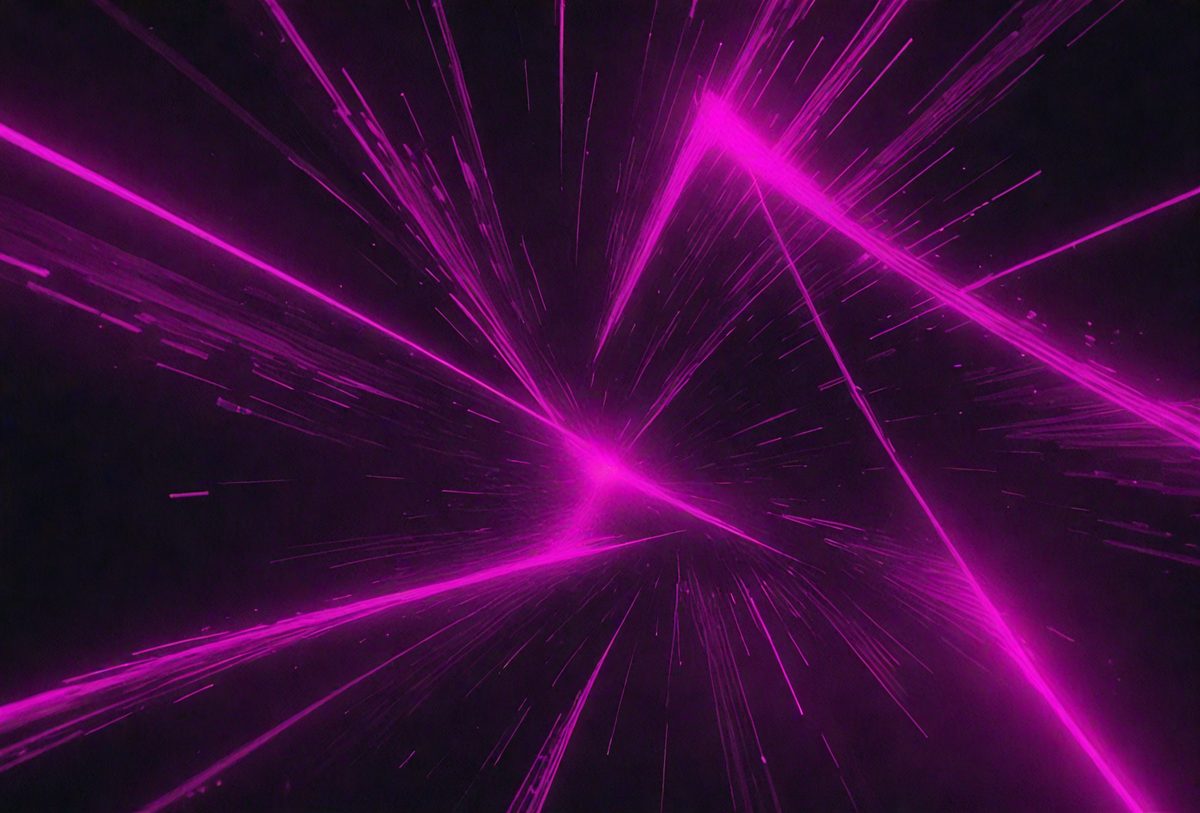 The primary subject of the image is a pink light streak or blur, which appears to be a neon light or a purple laser beam. The setting is a dark background, which contrasts with the bright pink light. The visual style is a combination of a photo and a digital art or illustration, as the light streak is captured in a way that resembles a digital art or illustration. The colors and mood of the image are predominantly pink, creating a vibrant and energetic atmosphere.