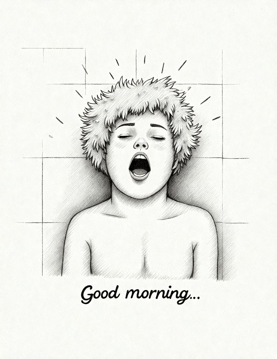 The primary subject of the image is a person with a shaggy haircut, who is yawning and appears to be in a relaxed state. The setting is a bathroom, with a sink visible in the background. The visual style is a black and white drawing, giving the image a classic and timeless feel. The dominant colors are black and white, and the overall atmosphere is one of relaxation and tranquility.