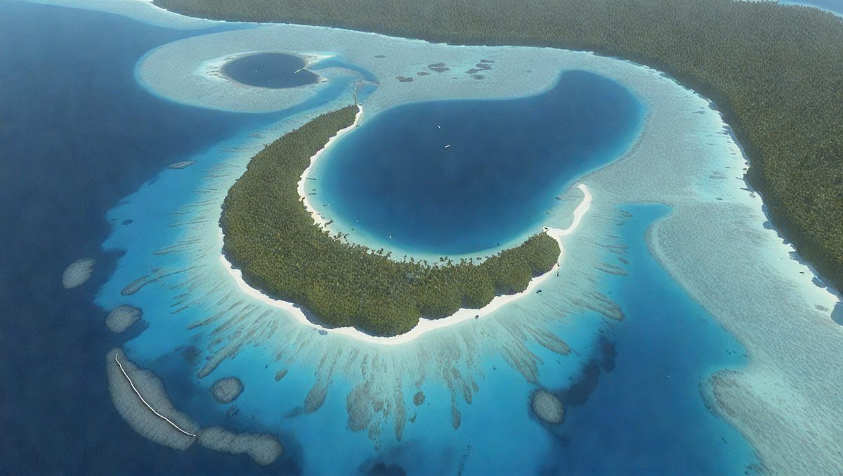 The primary subject of the image is a beautiful tropical island surrounded by crystal blue water. The island is covered in lush green vegetation, and it is located in the middle of a large body of water. The setting is a serene and picturesque tropical environment, perfect for relaxation and leisure. The visual style of the image is a combination of photo and digital art, creating a stunning and realistic representation of the island. The colors and mood of the image are vibrant and inviting, with the blue water and green vegetation creating a sense of tranquility and natural beauty.