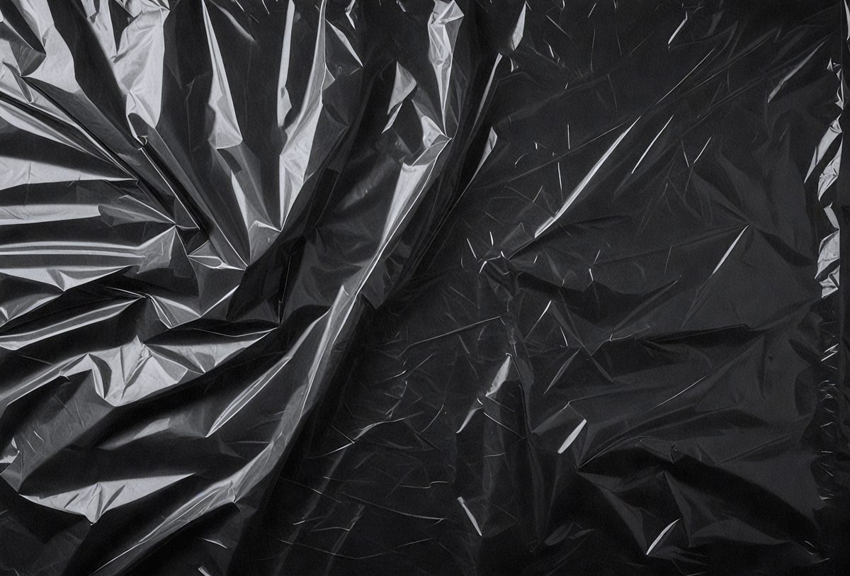 The primary subject of the image is a black plastic bag. The setting is a dark room, and the visual style is a close-up of the plastic bag. The colors and mood of the image are predominantly dark, with the black plastic bag being the main focus.