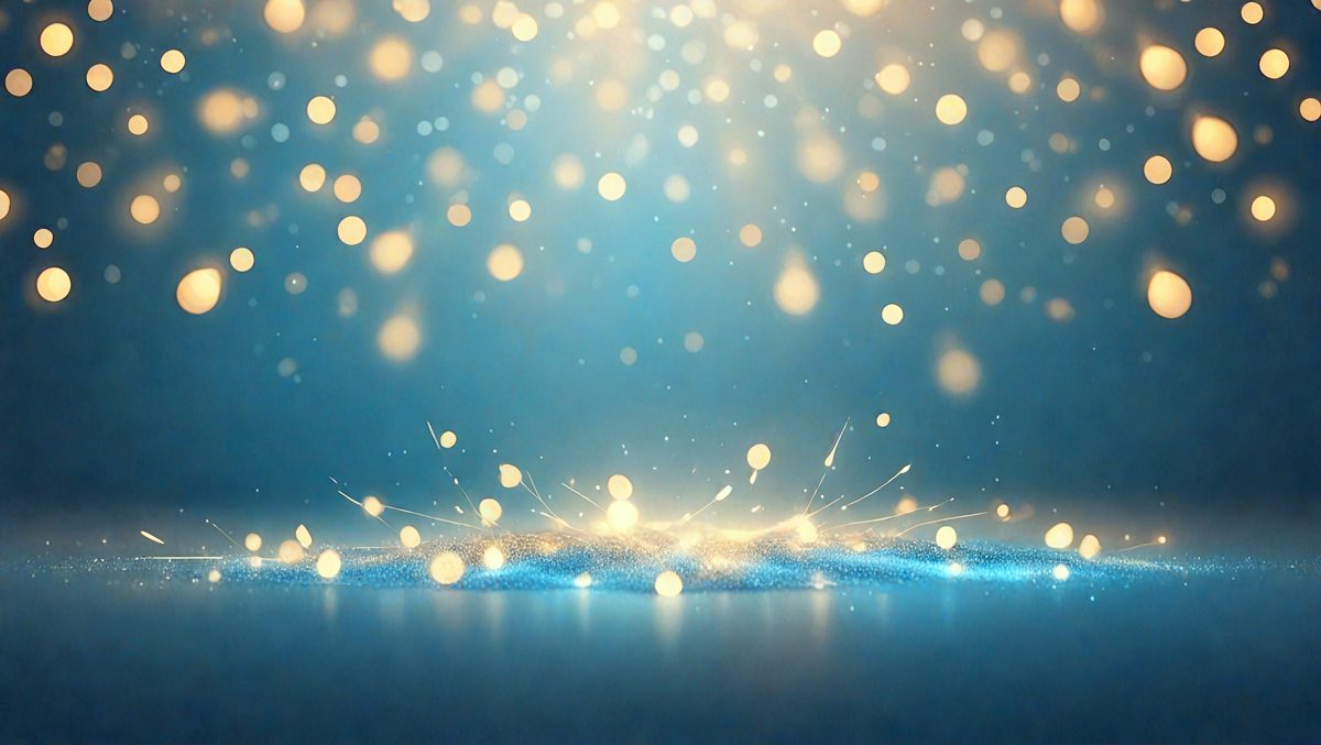 The primary subject of the image is a brightly lit, blue background with a pattern of white lights. The setting appears to be a dark room, and the visual style is a combination of a photo and digital art. The dominant colors are blue and white, creating a calm and serene atmosphere.