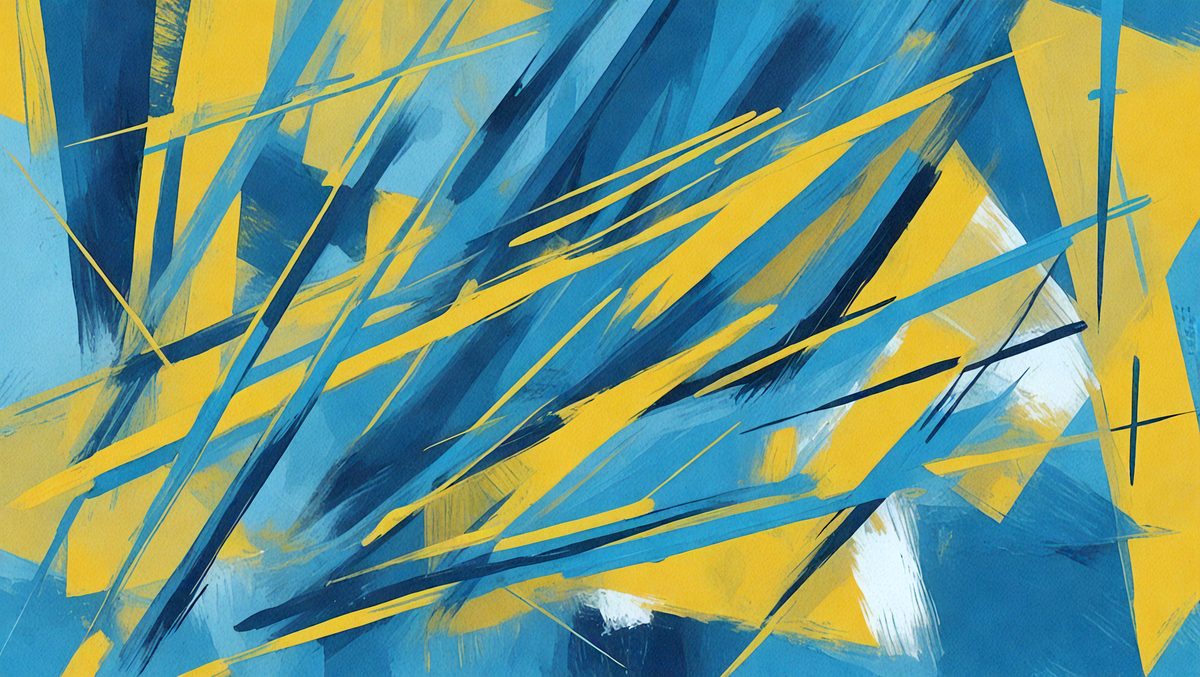 The primary subject of the image is a blue and yellow painting. The setting is a blue background, and the visual style appears to be a digital art or illustration. The dominant colors in the painting are blue and yellow, creating a vibrant and lively atmosphere.