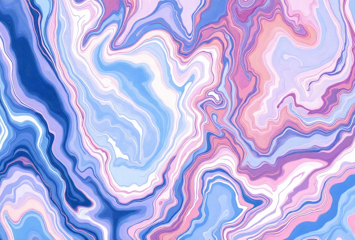 The primary subject of the image is a colorful, abstract design featuring a mix of blue, pink, and purple hues. The setting is a patterned surface, possibly a wallpaper or a piece of artwork. The visual style appears to be a combination of digital art and illustration, creating a vibrant and dynamic appearance. The colors and mood of the image are lively and energetic, with the various shades of blue, pink, and purple creating a sense of depth and movement.
