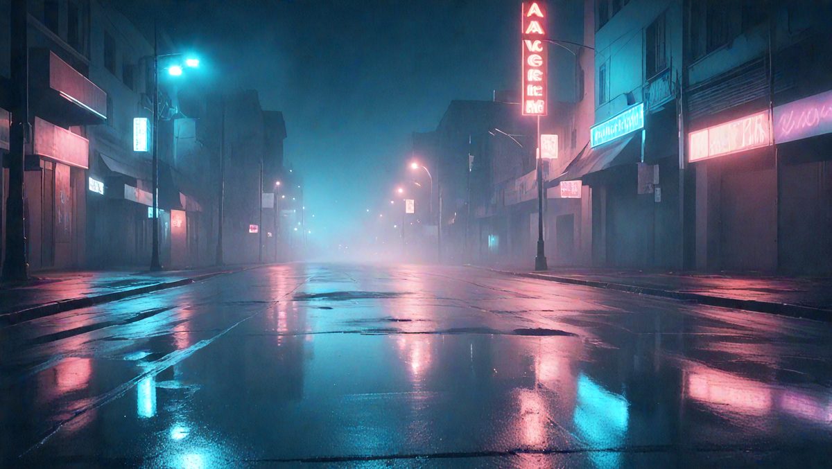 The primary subject of the image is a wet city street at night. The setting is a city street with buildings in the background, and the visual style is a photo. The dominant colors are blue and pink, creating a moody and atmospheric scene.