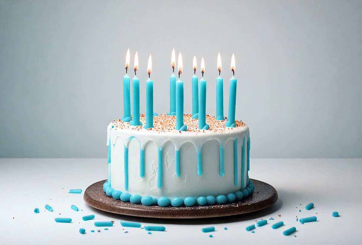 The primary subject of the image is a birthday cake with candles. The cake is placed on a wooden tray, and it has blue frosting and blue candles. The setting is a table, and the visual style is a photo. The colors and mood of the image are predominantly blue, creating a calm and celebratory atmosphere.