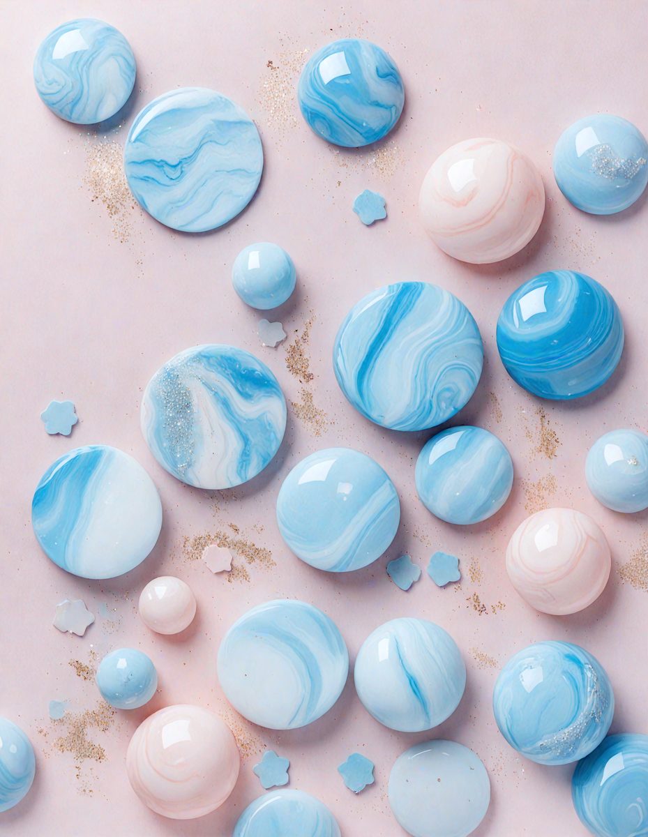 The primary subject of the image is a collection of blue and white marbled beads. These beads are arranged on a pink surface, creating a visually appealing display. The setting appears to be a workspace or a display area, as the beads are neatly arranged and presented. The visual style of the image is a close-up of the beads, showcasing their unique patterns and colors. The dominant colors in the image are pink and blue, giving the scene a warm and inviting atmosphere.