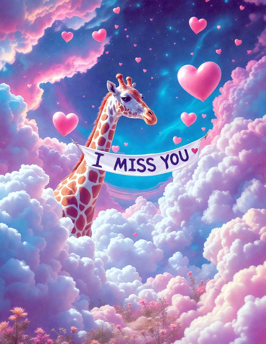 Primary subject: A giraffe with a heart-shaped banner around its neck.

Setting/background: A cloudy sky with hearts floating around.

Visual style: Digital art.

Colors and mood: The image is colorful and has a whimsical, playful mood.