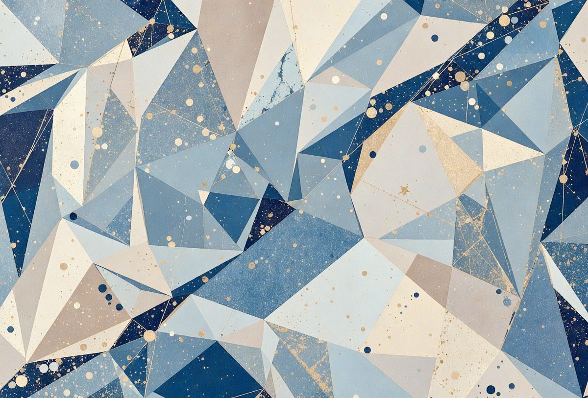 The primary subject of the image is a blue and white geometric pattern, which appears to be a digital art or illustration. The setting is a blue and white background, and the visual style is a combination of digital art and illustration. The dominant colors are blue and white, creating a calm and soothing atmosphere.
