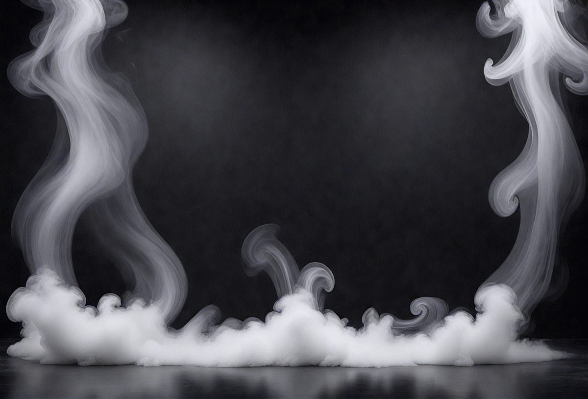 The primary subject of the image is a cloud of smoke, which is the main object, scene, or focus of the image. The setting is a black background, which creates a dramatic contrast with the smoke. The visual style is a photo, capturing the smoke as it billows and swirls. The colors and mood of the image are predominantly dark, with the smoke being the main source of light and movement.