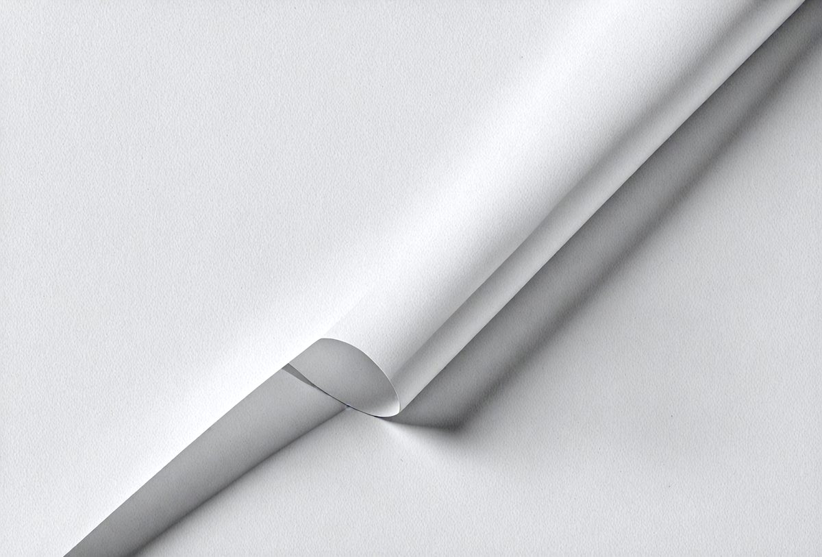 The primary subject of the image is a white sheet of paper. The setting is a white background, which creates a clean and minimalistic visual style. The paper appears to be folded or creased, giving it a unique texture and mood. The overall atmosphere is calm and uncluttered.