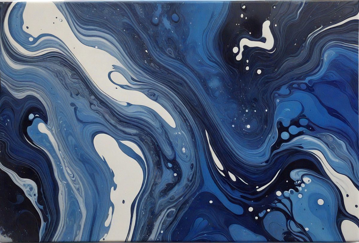 The primary subject of the image is a painting of a blue ocean with white and blue waves. The setting is a blue and white ocean, and the visual style is a painting. The dominant colors are blue and white, creating a serene and calming atmosphere.