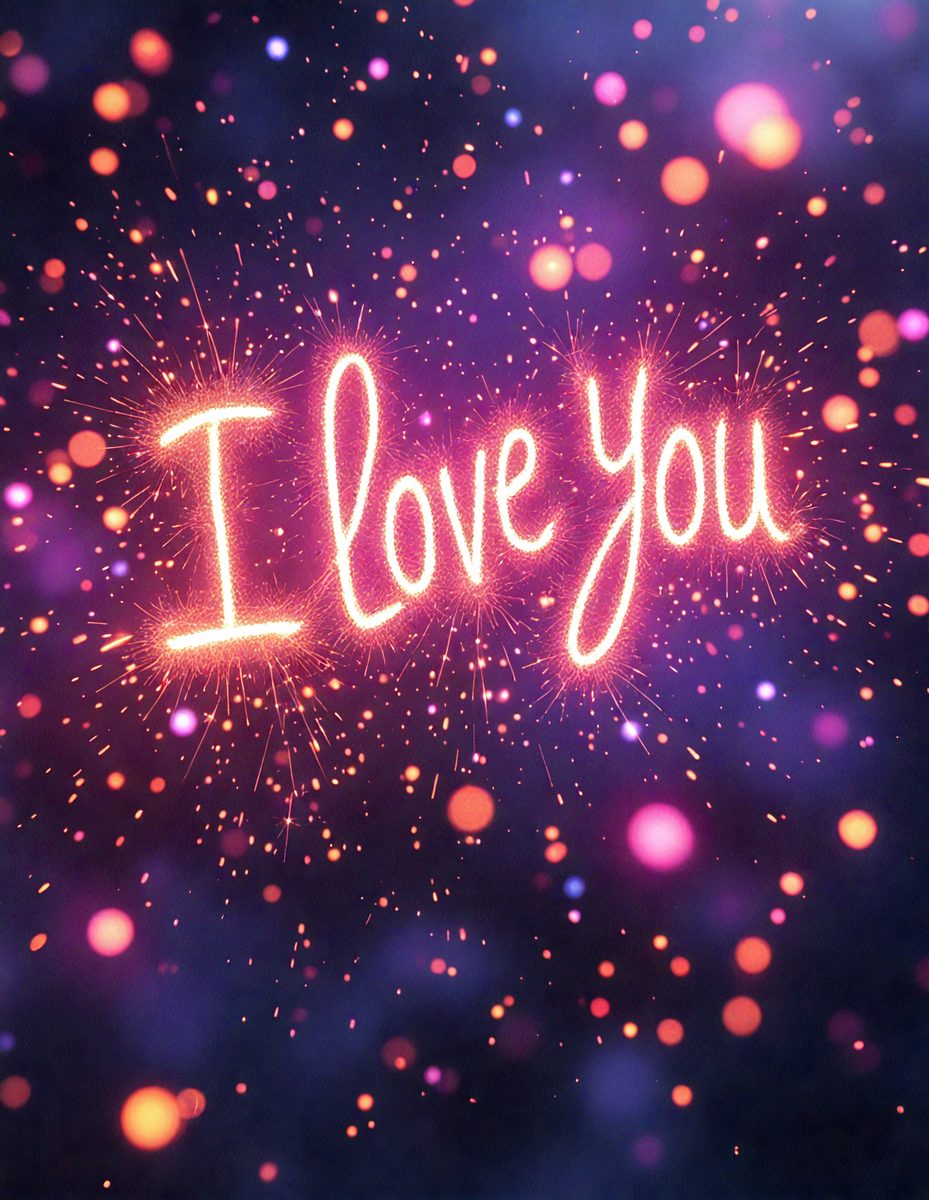 The primary subject of the image is the phrase "I Love You," which is written in a pink and white color scheme. The setting is a brightly lit background, possibly a night sky, with a multitude of sparkling lights. The visual style appears to be a combination of digital art and illustration, creating a vibrant and eye-catching display. The colors and mood of the image are predominantly warm and inviting, with the pink and white text standing out against the backdrop of the sparkling lights.