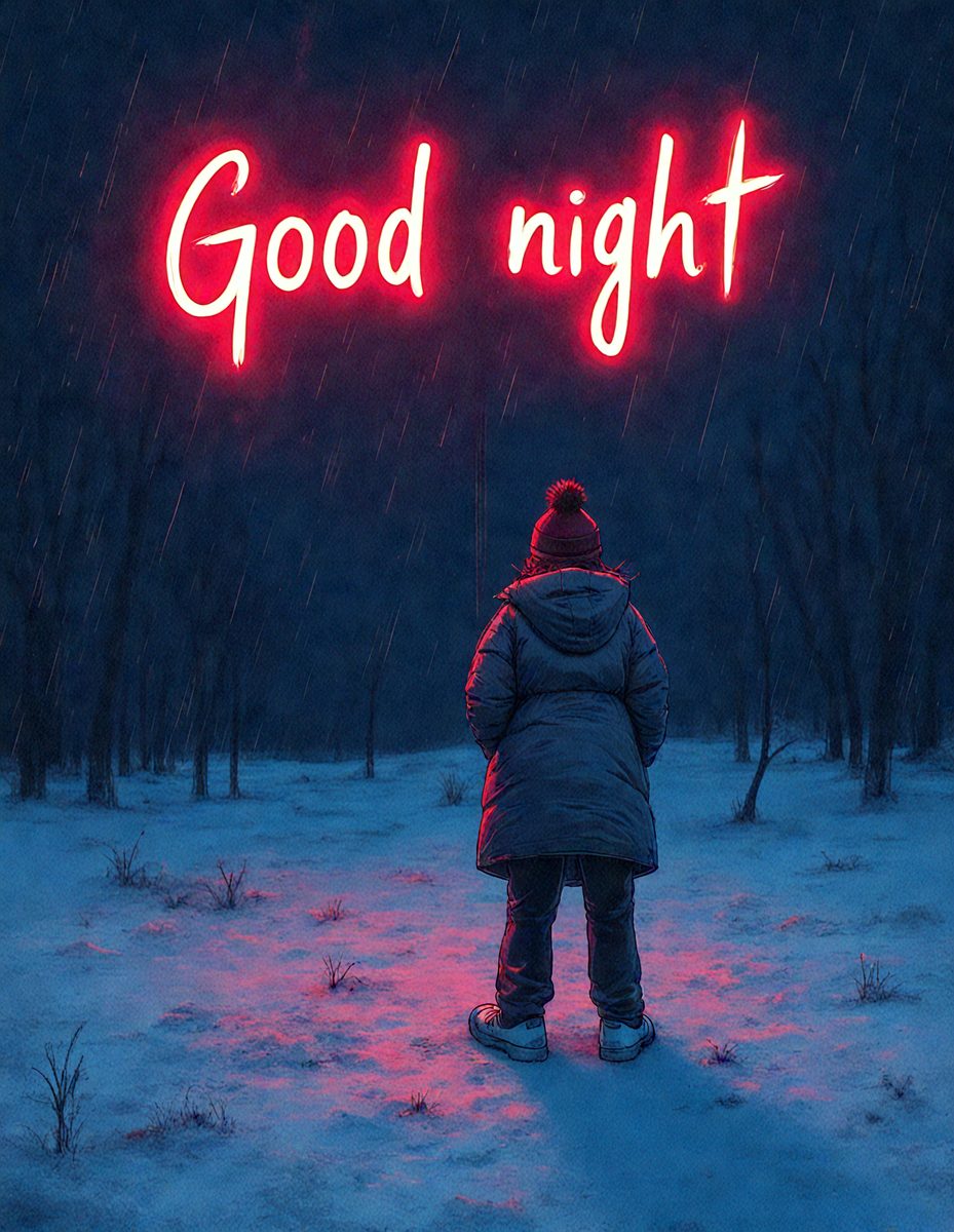 The primary subject of the image is a person standing in a snowy field at night. The person is wearing a red hat and a white jacket, and they are looking up at a sign that reads "Good Night." The setting is a snowy, dark field with trees in the background. The visual style of the image is a digital art or illustration, creating a moody and atmospheric scene. The dominant colors are red, white, and black, with the red hat and white jacket standing out against the dark background.