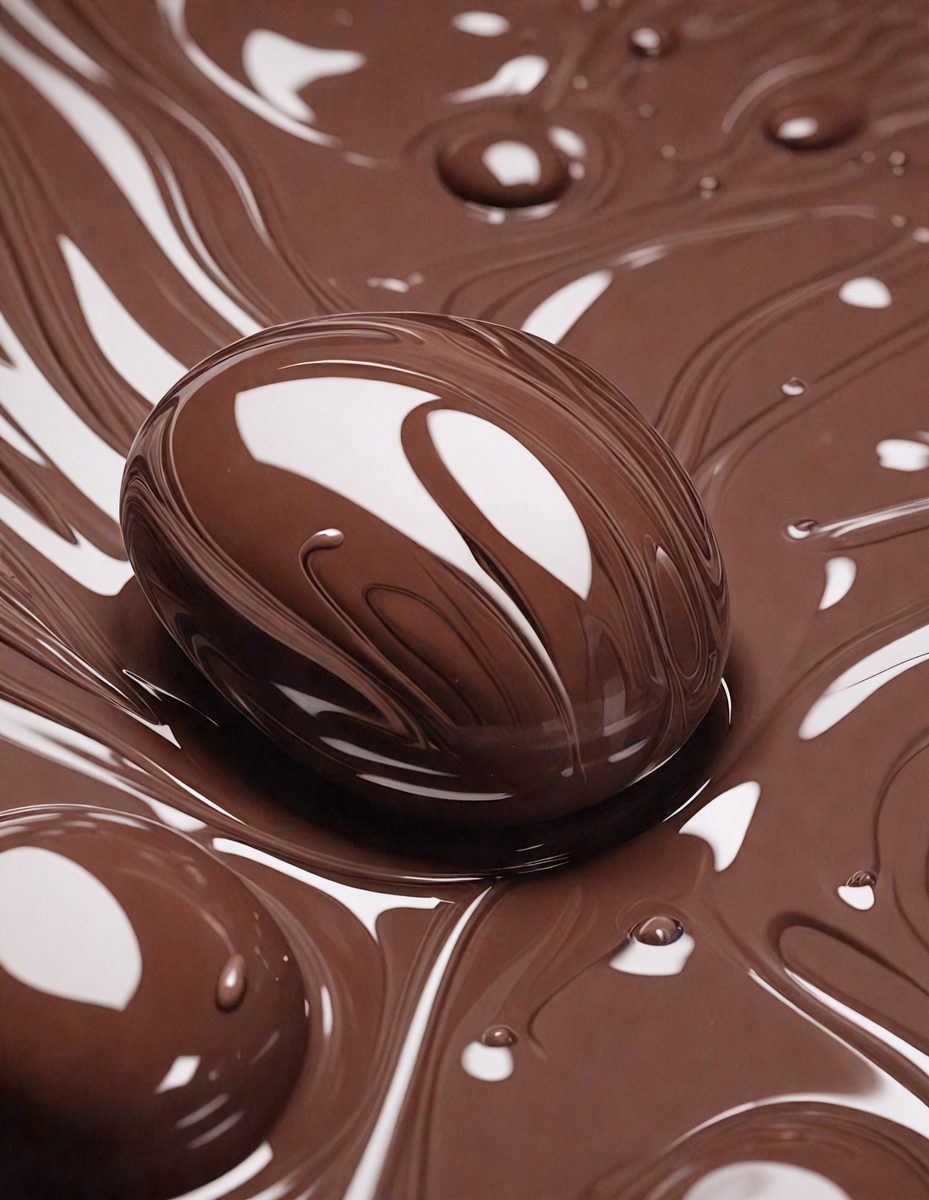 The primary subject of the image is a chocolate egg, which is the main object, scene, or focus of the image. The setting is a chocolate-covered surface, which could be a table or a piece of chocolate art. The visual style is a close-up of the chocolate egg, showcasing its details and texture. The colors and mood of the image are predominantly dark and rich, with the chocolate egg being the main source of visual interest and appeal.