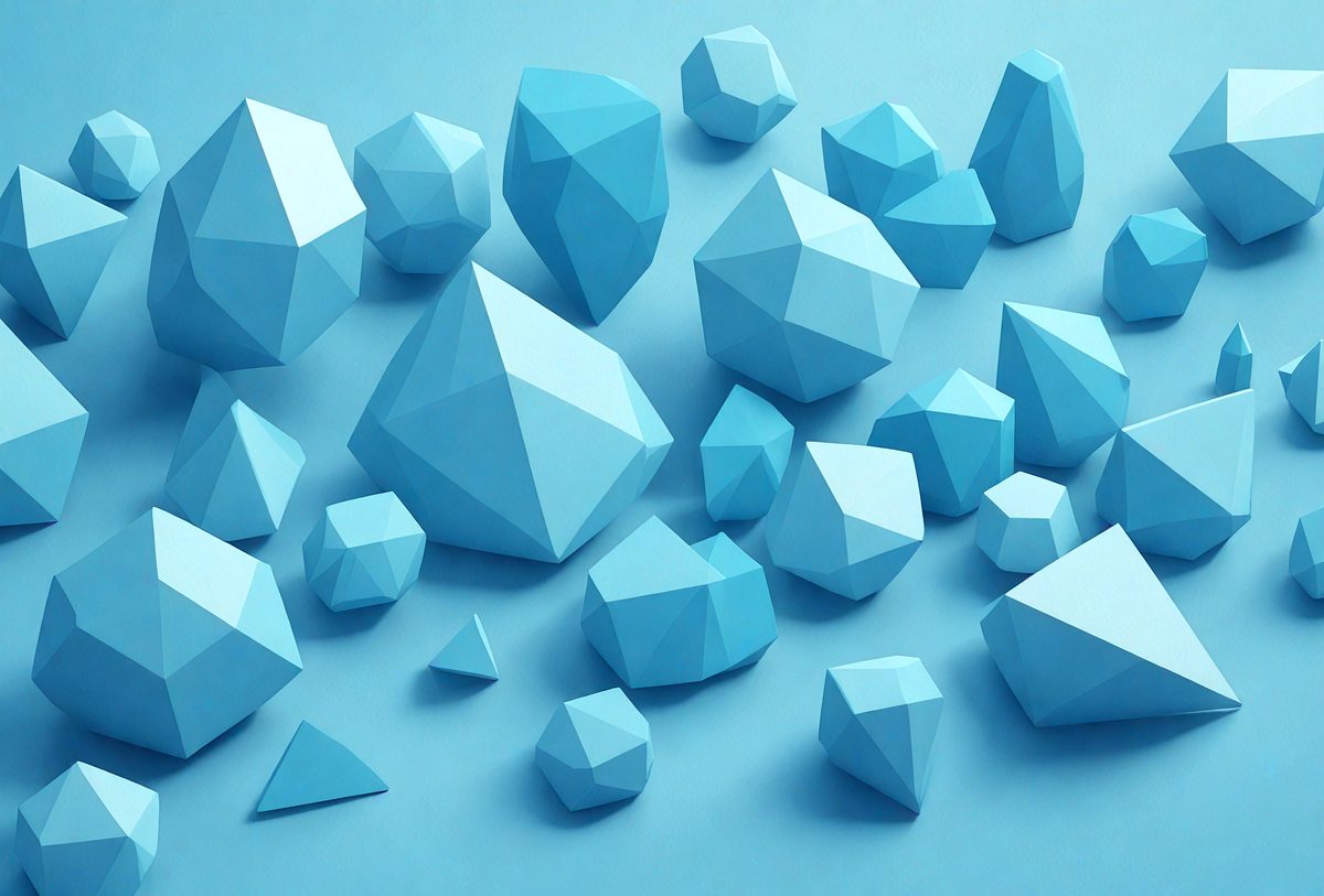 The primary subject of the image is a collection of blue geometric shapes, which are arranged in a visually appealing manner. The setting is a blue background, which provides a contrasting and complementary color to the shapes. The visual style of the image is a combination of digital art and illustration, as the shapes are created using a computer program or digital drawing tool. The dominant colors in the image are blue and white, giving the scene a clean and modern appearance.