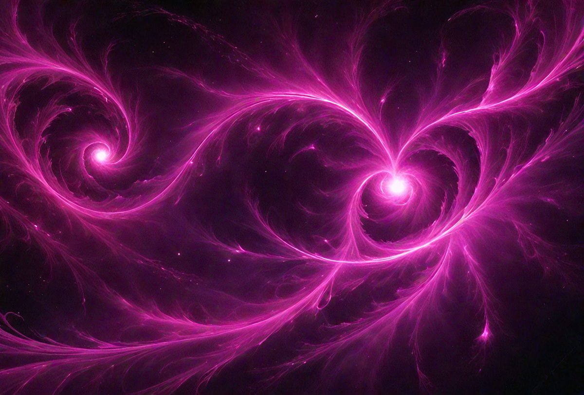 The primary subject of the image is a pink, swirling, and glowing heart-shaped pattern. The setting is a dark background, which contrasts with the bright and vibrant colors of the heart. The visual style appears to be a digital art or illustration, as the heart is depicted in a swirling and flowing manner. The dominant colors are pink and purple, creating a warm and inviting atmosphere.