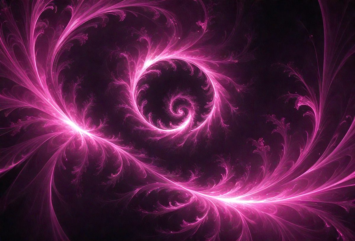 The primary subject of the image is a pink spiral pattern, which appears to be a digital art or illustration. The setting is a dark background, which contrasts with the bright pink color of the spiral pattern. The visual style suggests that the image is a creative and artistic representation of the spiral pattern. The colors and mood of the image are predominantly pink, giving it a warm and vibrant atmosphere.