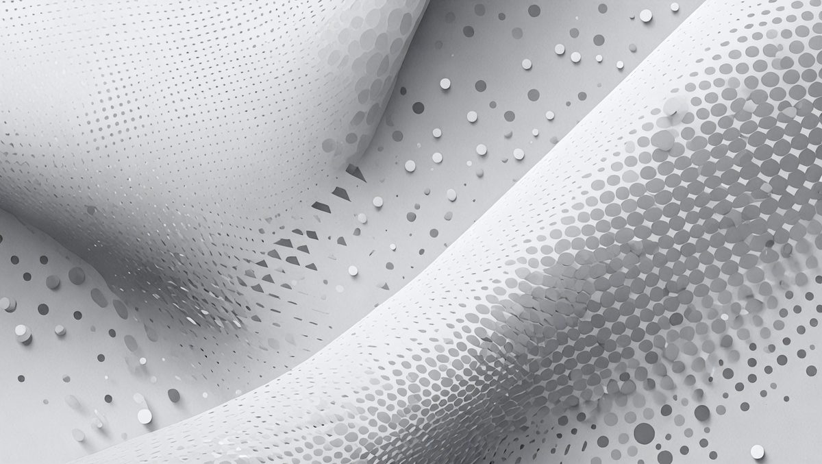 The primary subject of the image is a white, patterned surface with a lot of dots. The setting appears to be a white room, and the visual style is a combination of photo and digital art. The dominant colors are white and grey, creating a clean and minimalist atmosphere.