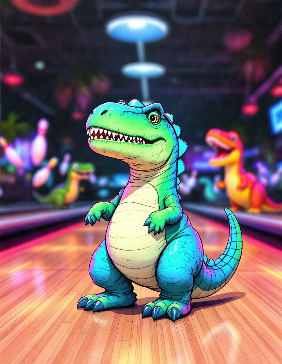 The primary subject of the image is a cartoon dinosaur, specifically a green and white alligator, standing on a bowling alley. The setting is a bowling alley with multiple bowling pins scattered around the area. The visual style is a digital art or illustration, giving the image a fun and playful atmosphere. The colors and mood are predominantly green and white, with a hint of pink, creating a lively and energetic scene.
