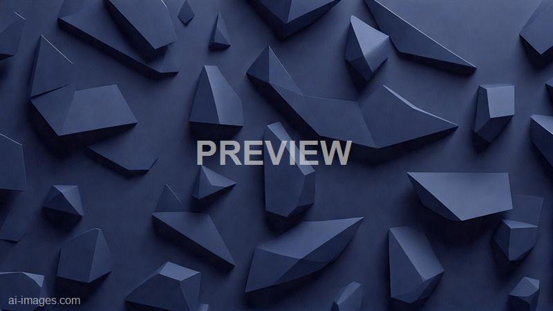 The image features an array of dark blue, geometric, three-dimensional shapes scattered across a matching textured background. The shapes vary in size and form, including pyramids, prisms, and irregular polyhedra, creating a modern, abstract composition with subtle shading and shadows that give a sense of depth and dimension. The overall aesthetic is sleek and minimalistic, emphasizing the geometric forms against a consistent dark blue palette.