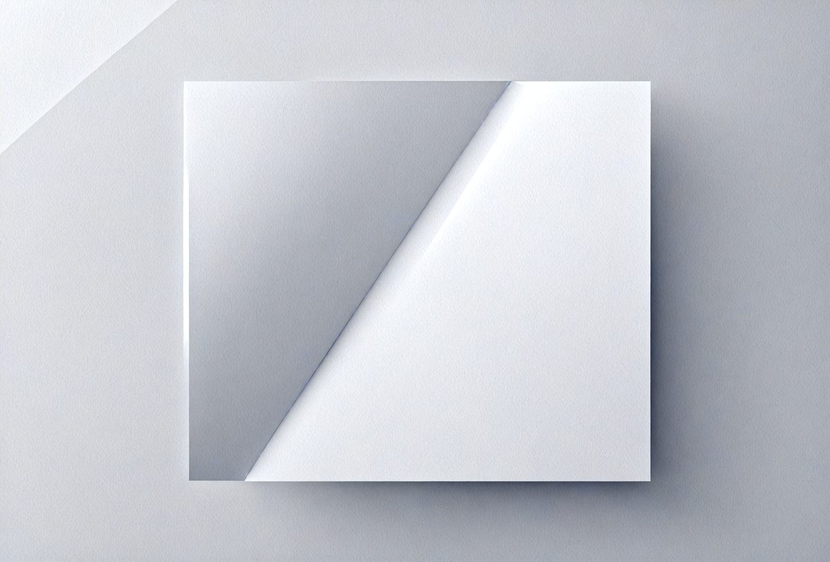 The primary subject of the image is a square white paper with a triangle cut out of it. The paper is placed on a white surface, which creates a clean and minimalist appearance. The visual style of the image is a simple, flat design, with no intricate details or textures. The colors and mood of the image are predominantly white, giving it a calm and uncluttered feel.