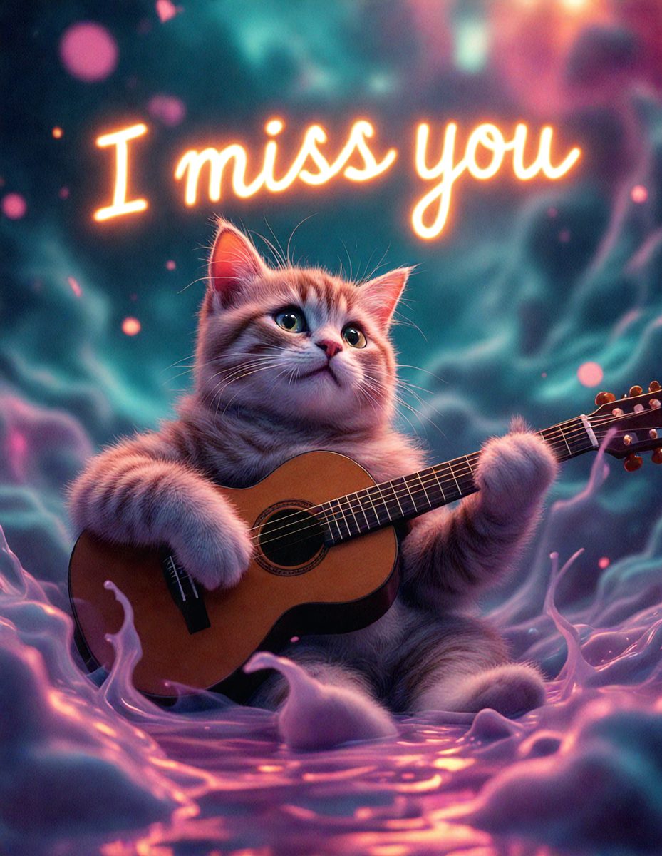 The primary subject of the image is a cat sitting on a guitar. The cat is holding the guitar with its paws, creating a playful and whimsical scene. The setting is a colorful background, which adds to the overall atmosphere of the image. The visual style is a combination of photo and digital art, giving the image a unique and creative appearance. The dominant colors are pink and purple, which contribute to the overall mood of the image, making it feel warm and inviting.