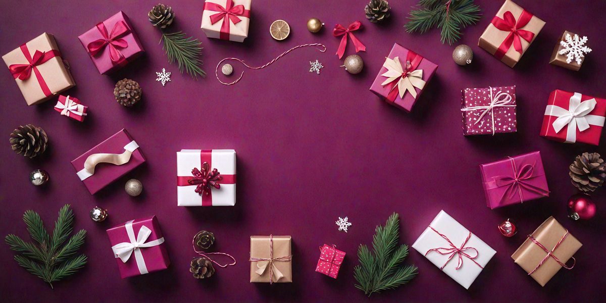 The primary subject of the image is a collection of wrapped presents, which are displayed on a purple surface. The presents are arranged in various positions, creating a visually appealing scene. The setting appears to be a festive or celebratory environment, possibly during the holiday season. The visual style of the image is a combination of photo and digital art, as it captures the essence of the wrapped presents and their arrangement on the purple surface. The colors and mood of the image are predominantly purple and festive, reflecting the joyous atmosphere associated with gift-giving and celebrations.