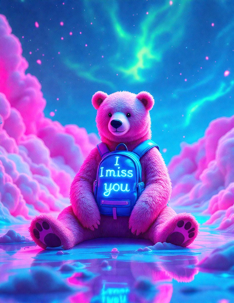 The primary subject of the image is a large, cute teddy bear. The bear is sitting on a pink surface, which appears to be a cloud. The setting is a colorful, surreal environment, with a blue backdrop and a purple sky. The visual style of the image is digital art, as it is a well-rendered, computer-generated scene. The colors and mood of the image are vibrant and whimsical, with the pink and purple hues creating a playful atmosphere.
