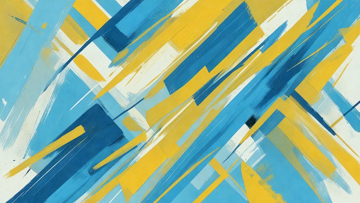 The primary subject of the image is a blue and yellow painting. The setting is a canvas, and the visual style is a painting. The dominant colors are blue and yellow, creating a vibrant and lively atmosphere.