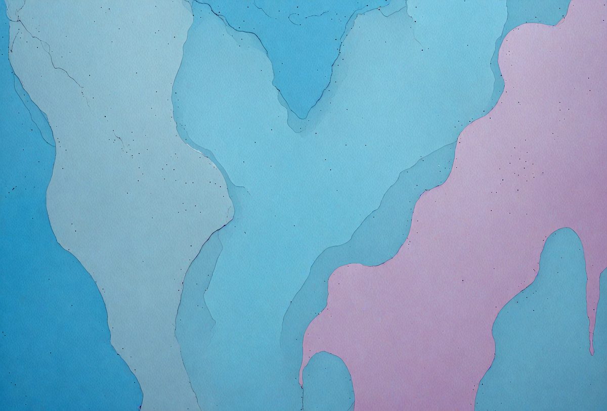 The primary subject of the image is a blue and pink painting with a textured surface. The setting is a wall, and the visual style appears to be a combination of digital art and illustration. The dominant colors in the painting are blue and pink, creating a vibrant and lively atmosphere.