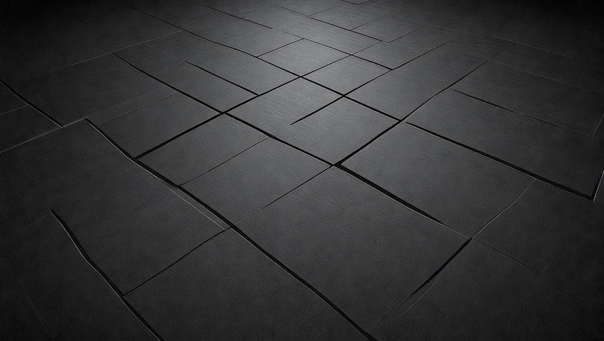 The primary subject of the image is a black tile floor. The setting is a room with a black tile floor, which is the main object of the image. The visual style is a black and white photo, giving the image a classic and timeless appearance. The colors and mood of the image are predominantly black, creating a sense of depth and contrast.