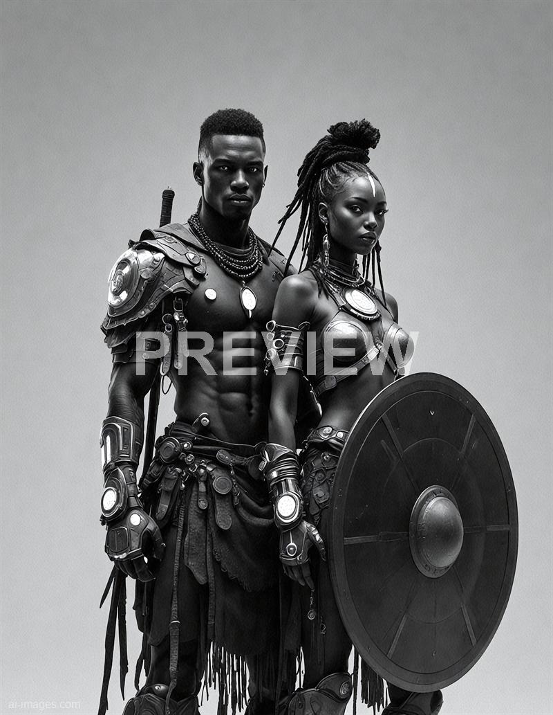 The image features two individuals dressed in futuristic warrior costumes, with one holding a shield. Their outfits are detailed with armor-like elements, accessories, and jewelry, giving a blend of sci-fi and tribal aesthetics. The background is plain and neutral, emphasizing the striking and elaborate costumes and expressions of the subjects.