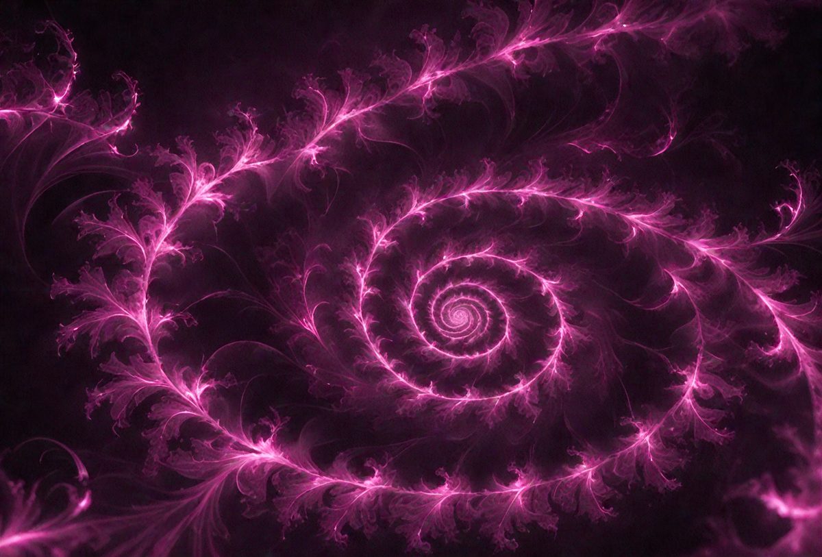 The primary subject of the image is a large, swirling, pink spiral pattern. The setting is a dark background, which contrasts with the bright pink color of the spiral. The visual style appears to be a combination of a photo and digital art, as the spiral pattern is both detailed and intricate. The colors and mood of the image are predominantly pink, creating a warm and vibrant atmosphere.
