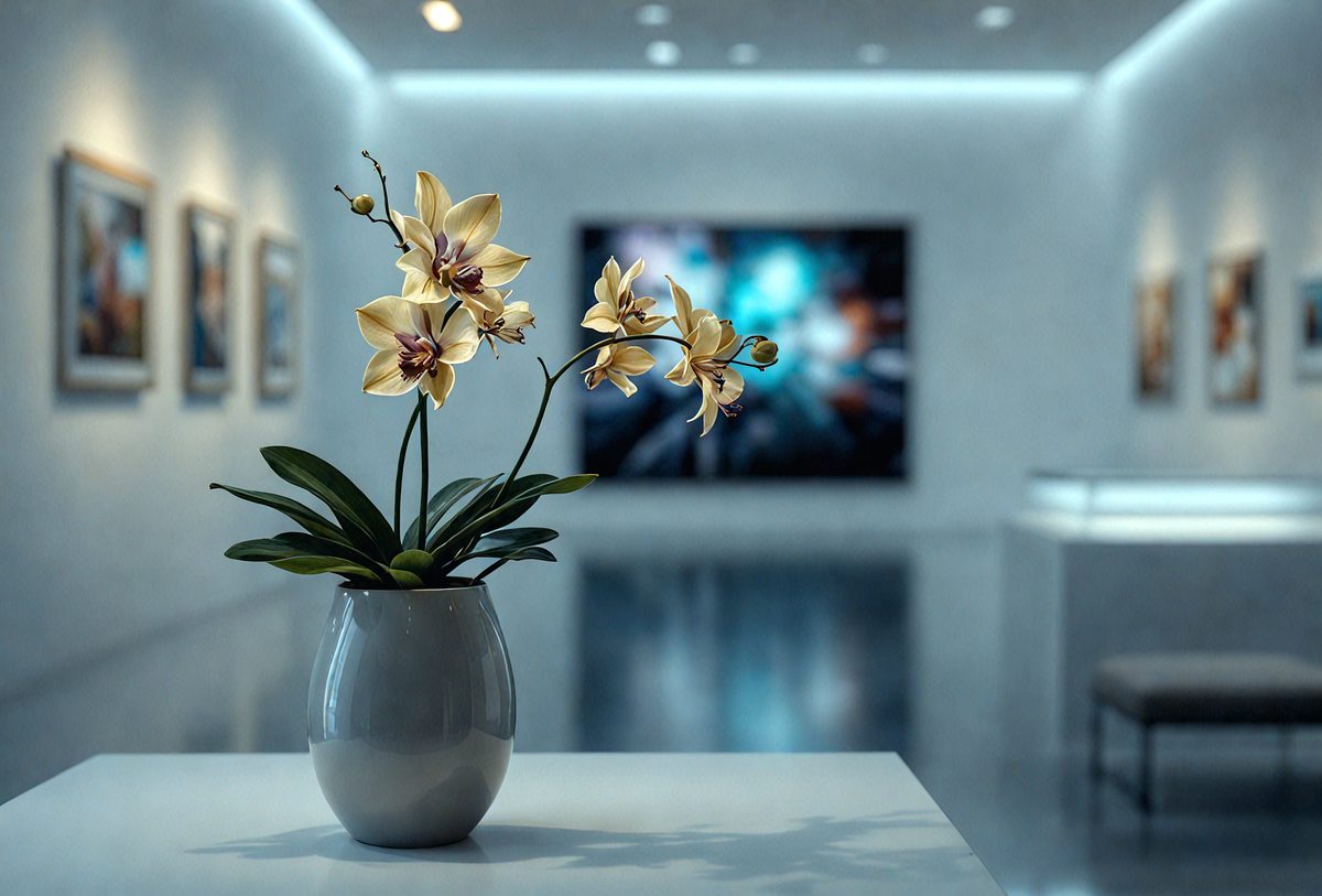 The primary subject of the image is a vase filled with flowers, placed on a table. The setting is a room with a large screen TV mounted on the wall. The visual style is a photo, and the colors and mood are predominantly white, creating a clean and minimalist atmosphere.