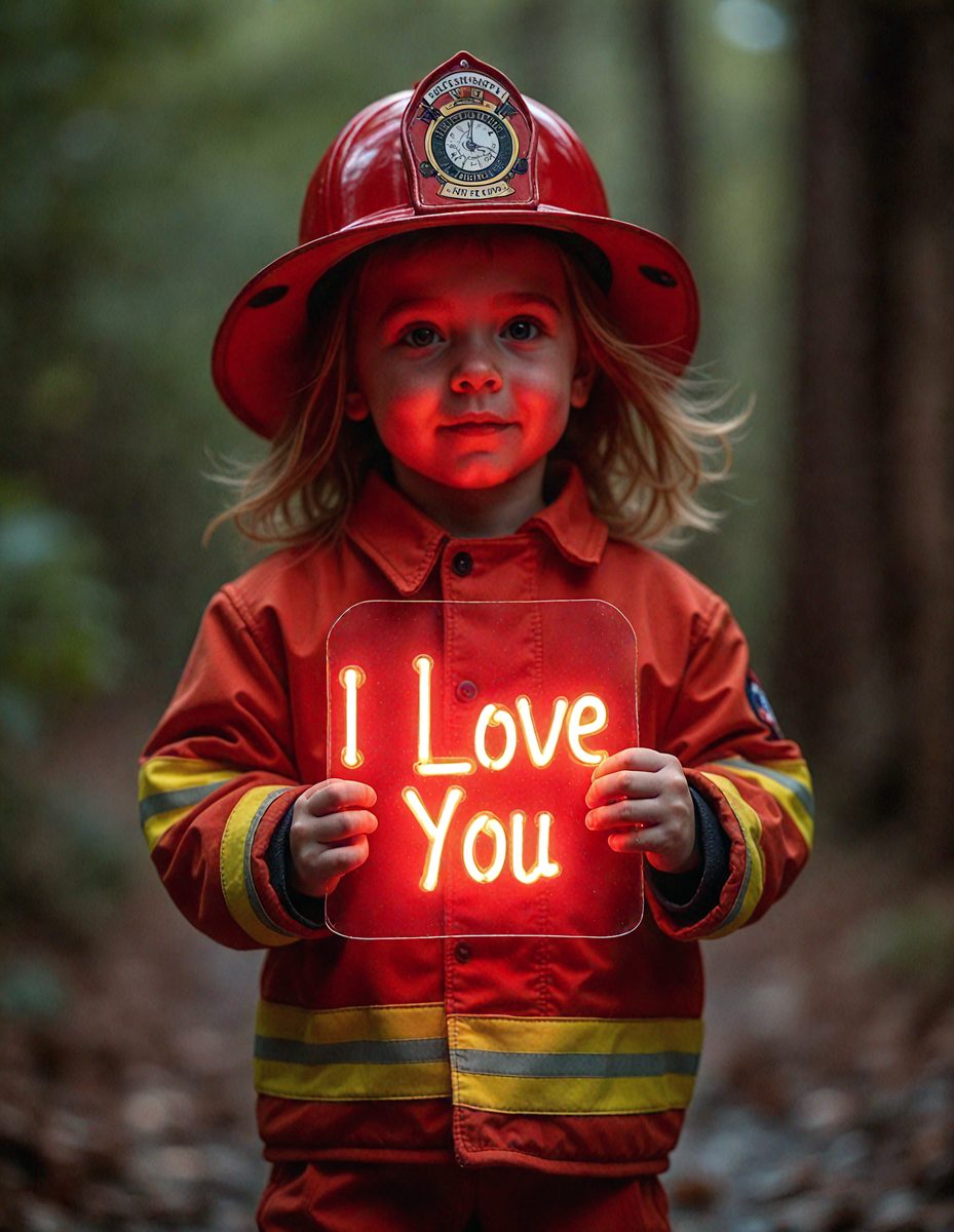 The primary subject of the image is a young girl wearing a firefighter's uniform and holding a sign that reads "I Love You." The setting is a forest, with trees visible in the background. The visual style is a photo, capturing the girl's expression and the sign she is holding. The colors in the image are predominantly red and yellow, which are associated with firefighters and the firefighting profession. The overall atmosphere of the image is warm and heartfelt, as the girl is expressing her love for someone.