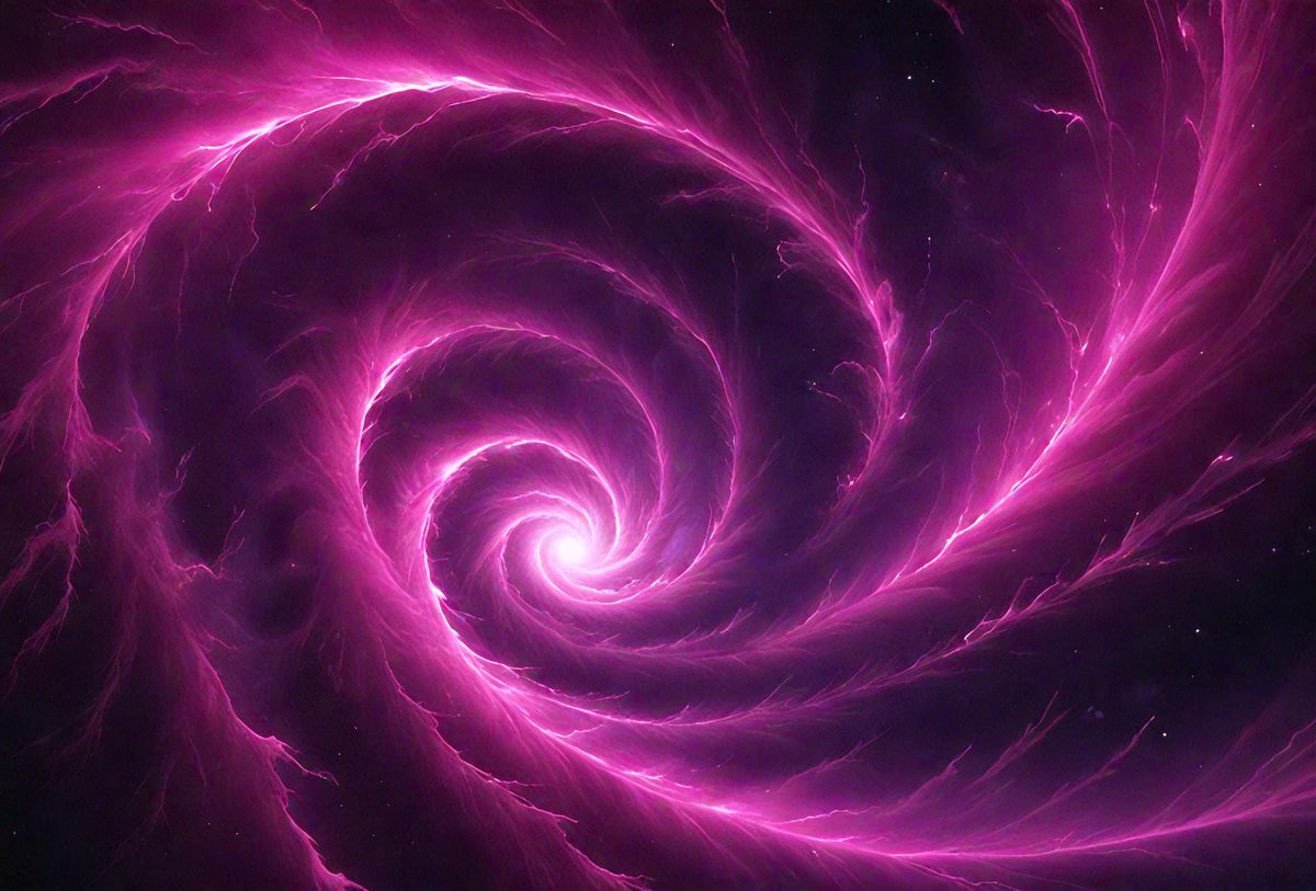 The primary subject of the image is a large, swirling, pink spiral. The spiral is the main object, scene, or focus of the image. The setting or background of the image is a dark, purple space. The visual style of the image is digital art, as it appears to be a digital illustration or drawing. The dominant colors in the image are pink and purple, creating a vibrant and energetic atmosphere.