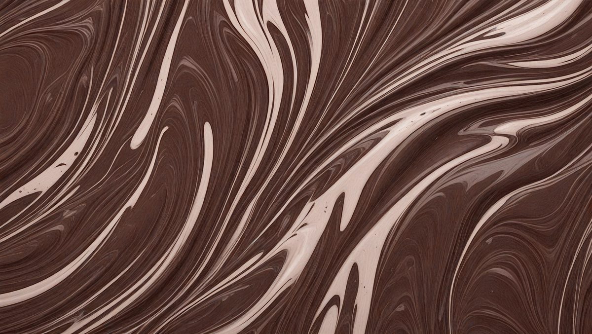 The primary subject of the image is a close-up of a chocolate-colored swirl pattern. The setting is a wooden surface, and the visual style appears to be a combination of a photo and a digital art or illustration. The dominant colors are brown and black, creating a rich and textured atmosphere.
