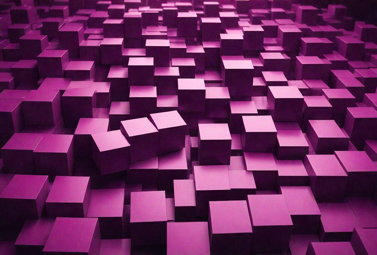 The primary subject of the image is a large, purple, three-dimensional grid made up of many small, square-shaped blocks. The setting is a dark, purple background that contrasts with the bright, pink blocks. The visual style is a digital art or illustration, creating a unique and eye-catching pattern. The colors and mood of the image are predominantly purple and pink, giving it a vibrant and lively atmosphere.