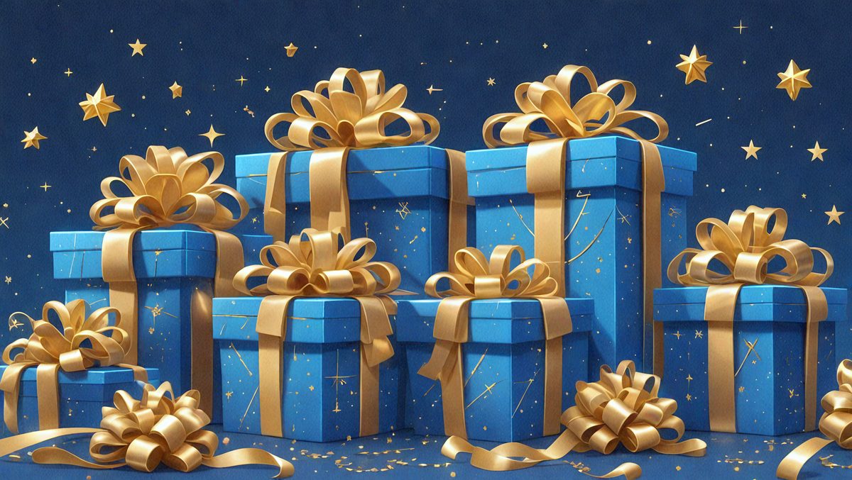 The primary subject of the image is a collection of blue gift boxes with gold ribbons. These boxes are arranged in a visually appealing manner, creating a sense of abundance and festivity. The setting is a blue background, which complements the vibrant colors of the gift boxes. The visual style is a combination of digital art and illustration, resulting in a high-quality and detailed presentation. The colors and mood of the image are predominantly blue and gold, evoking feelings of warmth, celebration, and generosity.