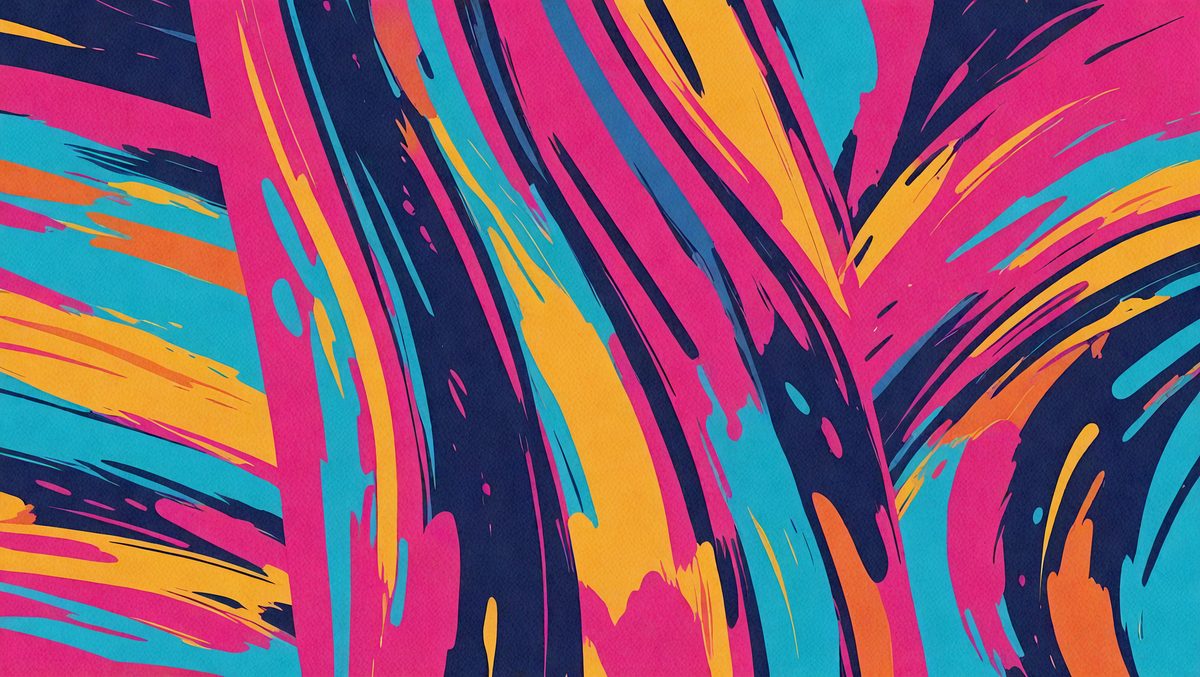 The primary subject of the image is a colorful, abstract design featuring a mix of blue, yellow, and orange colors. The setting is a wall, and the visual style appears to be a combination of digital art and illustration. The dominant colors and overall atmosphere suggest a vibrant and lively mood.