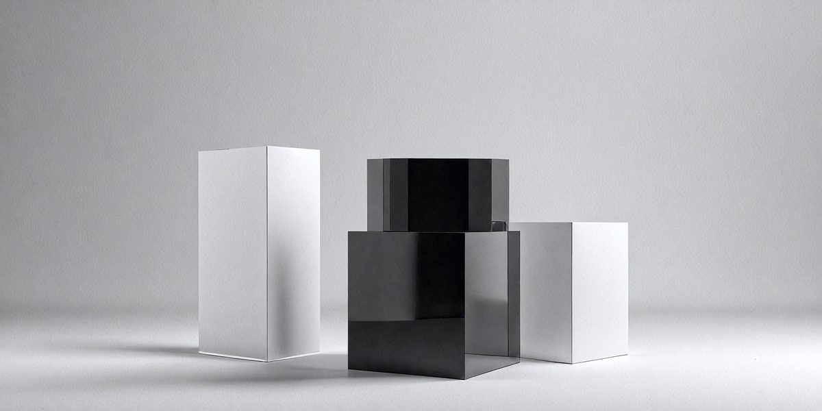 The primary subject of the image is a black square box, which is placed on a white surface. The setting is a white background, and the visual style appears to be a photo. The black box stands out against the white background, creating a contrasting and striking visual effect. The overall atmosphere of the image is minimalistic and modern.