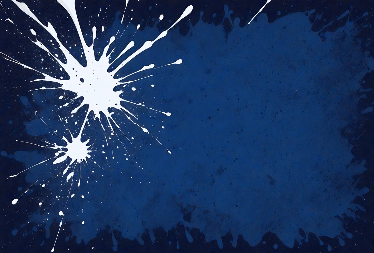 The primary subject of the image is a blue background with white paint splatters on it. The setting appears to be a creative or artistic environment, possibly a studio or a workspace. The visual style of the image is a combination of digital art and illustration, as the white paint splatters are digitally created and placed on the blue background. The colors and mood of the image are predominantly blue and white, creating a calm and serene atmosphere.