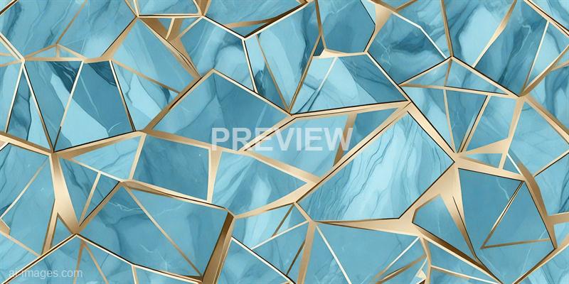 The image features an abstract composition of various geometric shapes resembling irregular polyhedra. These shapes are outlined with golden edges and filled with a textured, marbled blue material, creating a sense of depth and complexity in the pattern. The overall aesthetic appears modern and artistic, emphasizing the interplay of color, texture, and form.