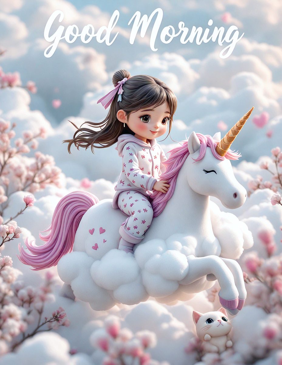 The image features a little girl sitting on a white unicorn, which is floating in a pink cloud. The girl is wearing pajamas and appears to be enjoying her time on the unicorn. The scene is set in a whimsical and imaginative environment, likely inspired by children's stories or fantasy worlds. The visual style is a combination of digital art and illustration, creating a vibrant and lively atmosphere.