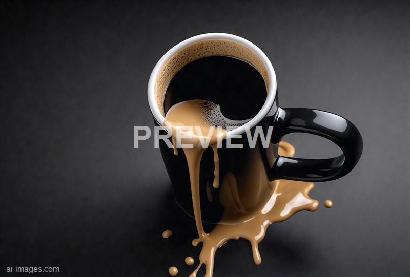 The image features a black ceramic mug filled with dark coffee, with a small amount of coffee spilling over the edge, creating a splash pattern on the dark surface below. The coffee appears freshly poured, with bubbles visible on the surface, and the spilled coffee has formed an irregular, flowing pattern on the table. The background is dark and minimalistic, emphasizing the contrast between the mug and the coffee.